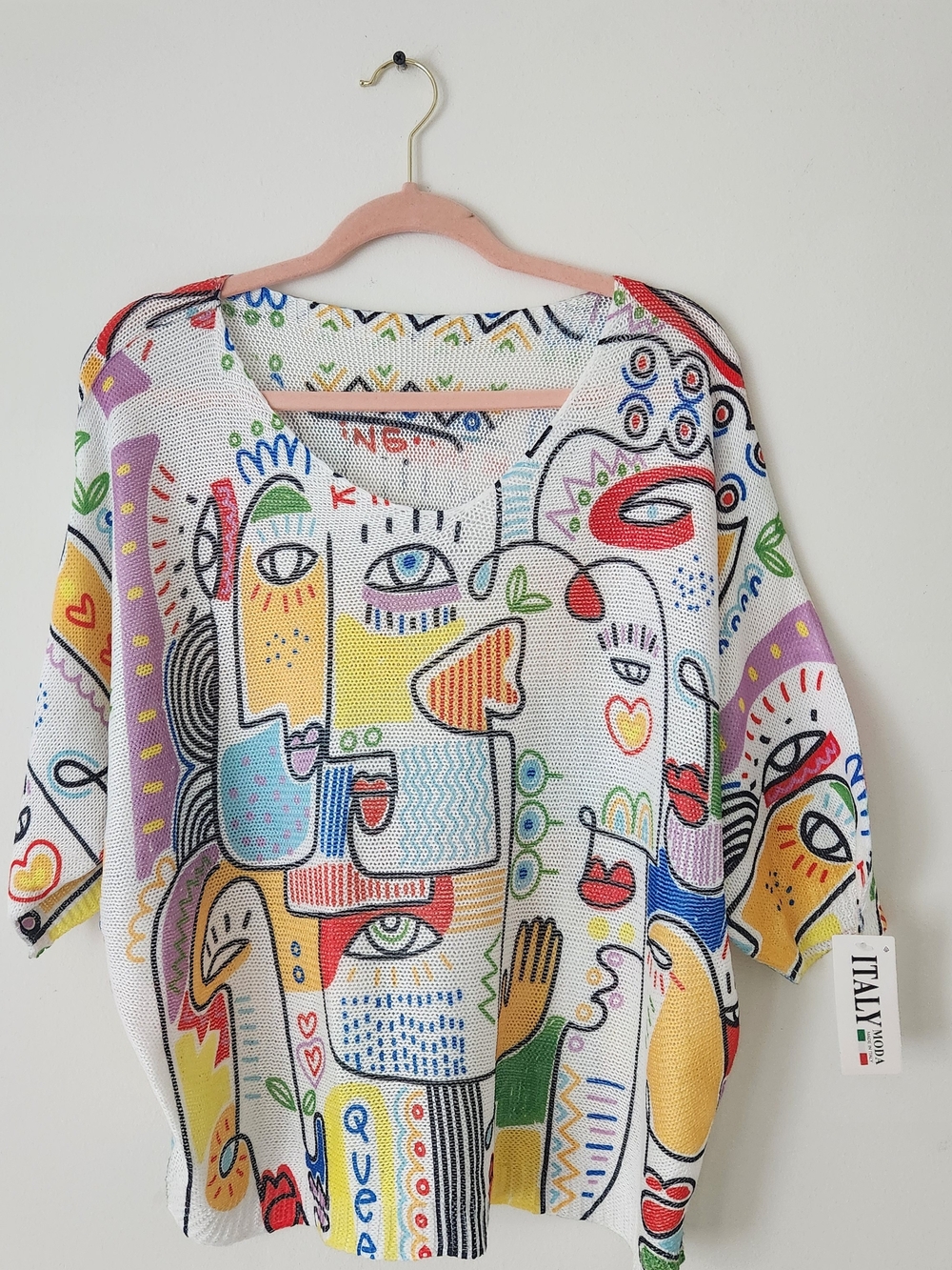 Moda Colorful Multicolor Abstract Face Print Lightweight Summer Sweater